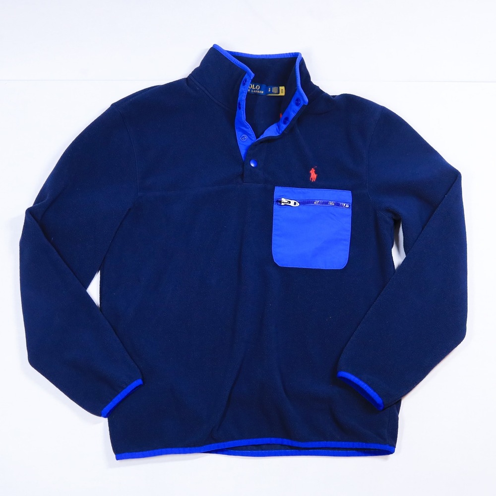 Polo Ralph Lauren Fleece Pullover Men Small Navy Blue Snap Mock Neck Pony Logo